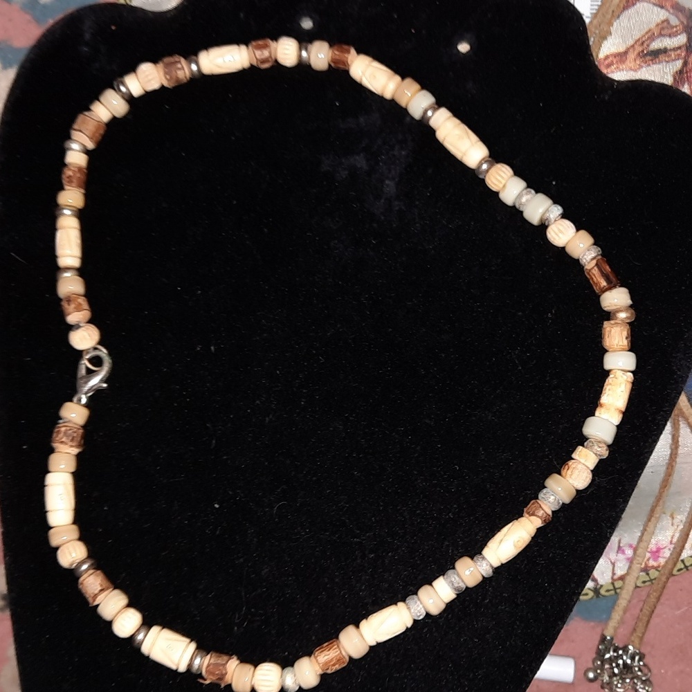 BOGO beaded carved shell and wood necklace